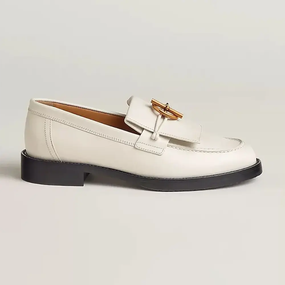 Front angle of Hermes Women Impact Loafer in white calfskin leather