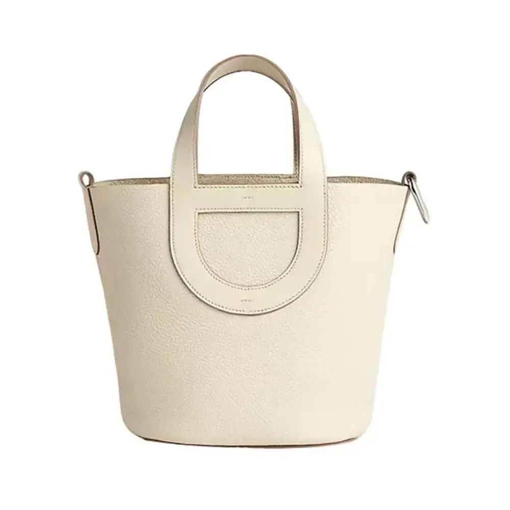 Front view of Hermes Women In the Loop 18 Handbag Clemence Leather-White/Silver
