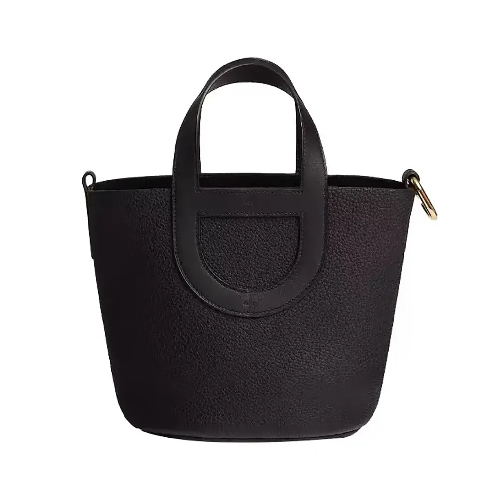 Front view of Hermes Women In the Loop 18 Handbag Clemence Leather-Black/Gold