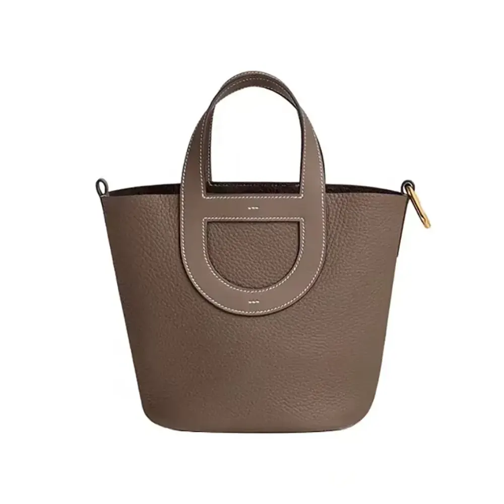 Front view of Hermes Women In the Loop 18 Handbag Clemence Leather-Grey/Gold