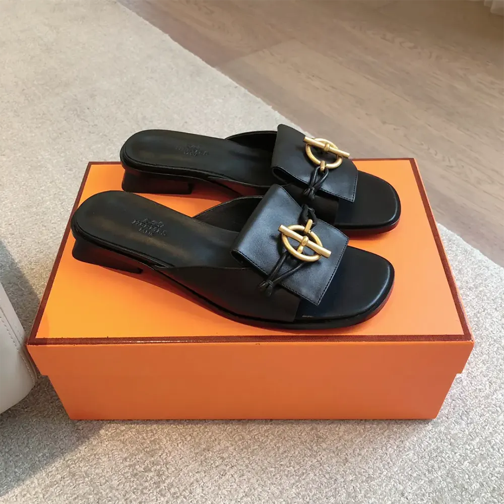 Close-up of signature Hermes hardware on Women Isle Sandal in black