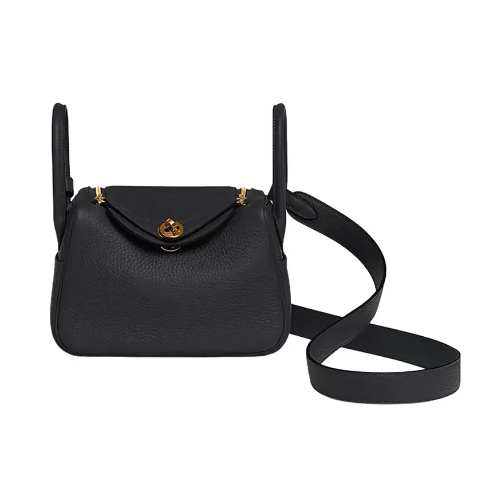Front view of Hermes Women Lindy Mini 19 black leather bag