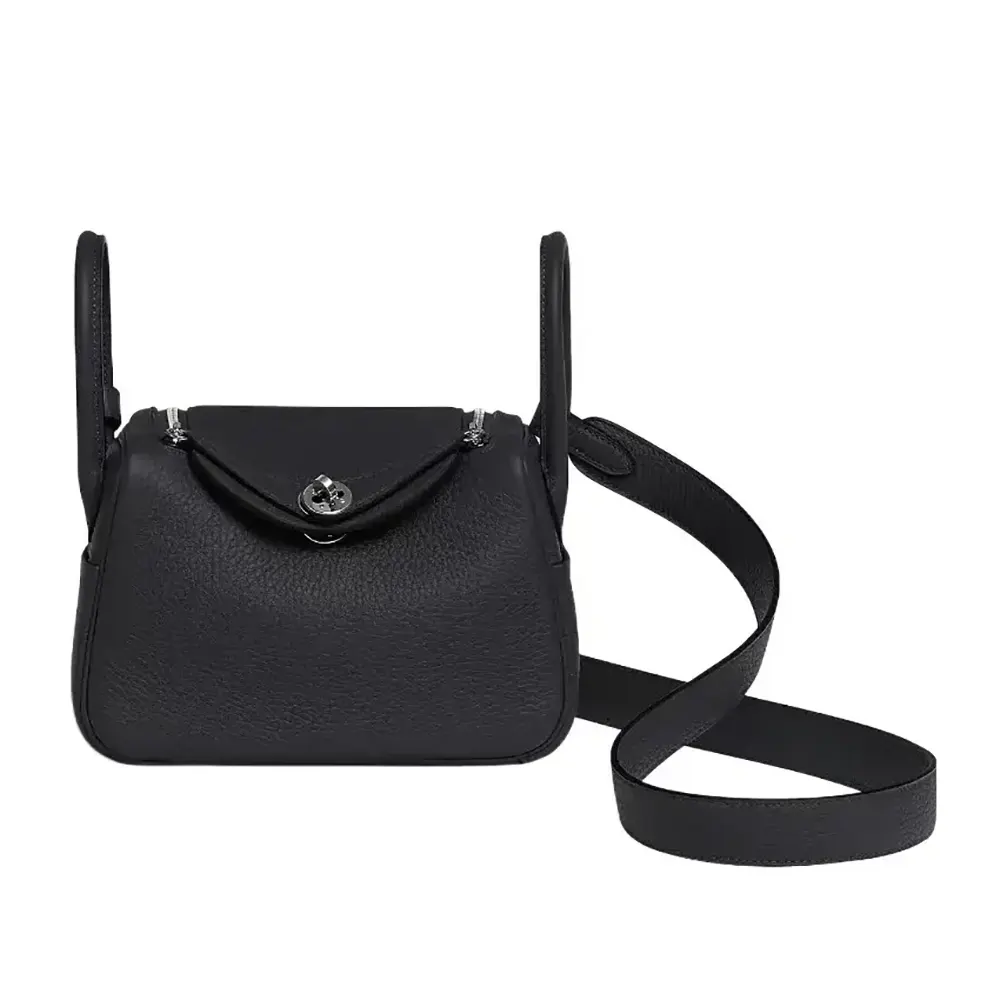 Front view of Hermes Women Lindy Mini 19 in black Clemence leather