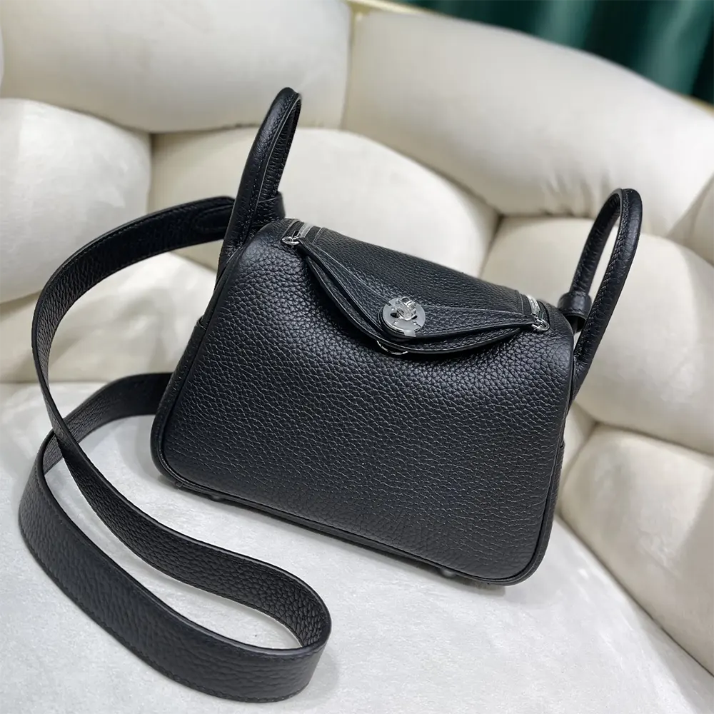 Close-up of silver hardware on Hermes Women Lindy Mini 19 bag