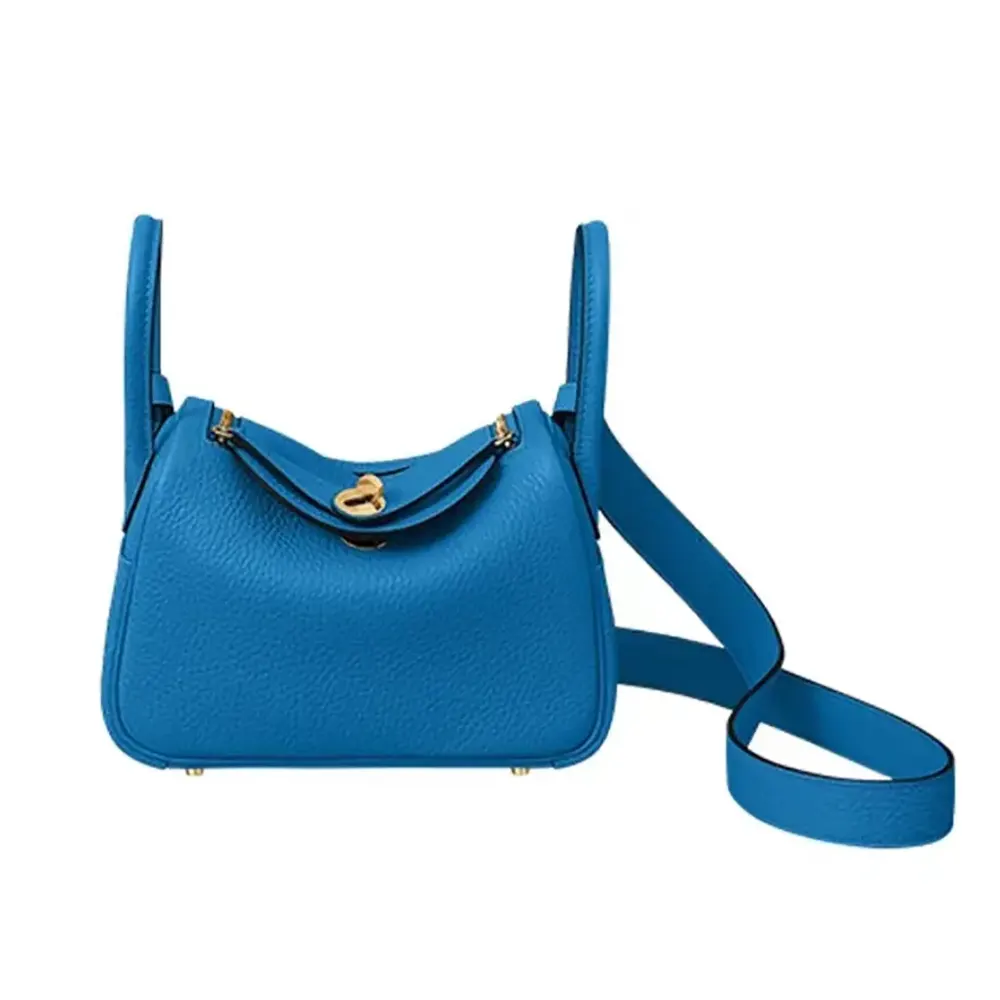 Front view of Hermes Women Lindy Mini 19 in blue Clemence leather