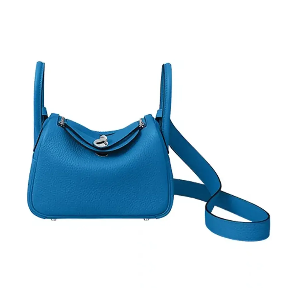 Front view of Hermes Women Lindy Mini 19 Blue Clemence Leather