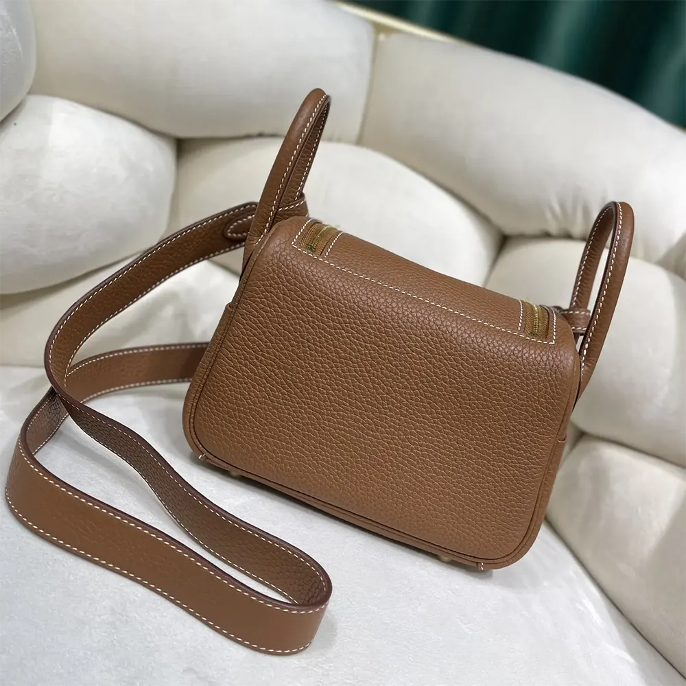 Side angle showing shape and texture of Hermes Lindy Mini 19 bag