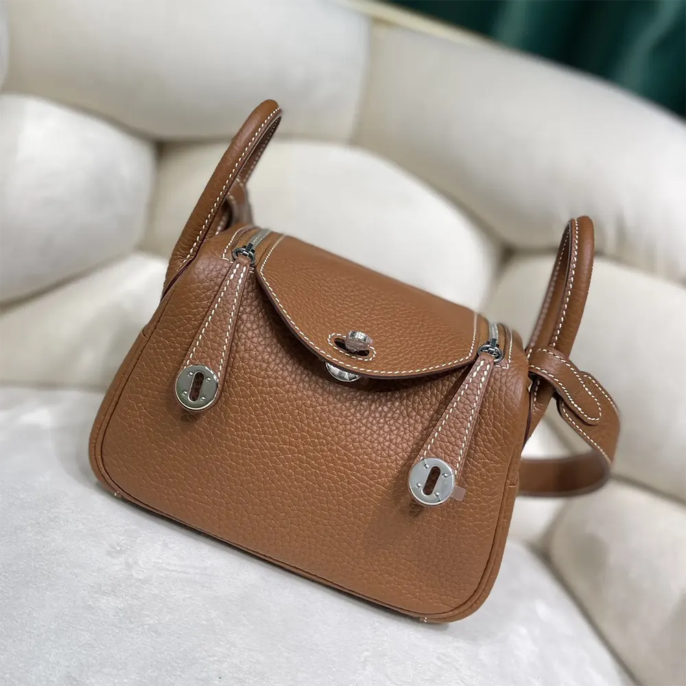 Close-up of silver-tone zipper and Clemence leather texture on Hermes Lindy Mini 19