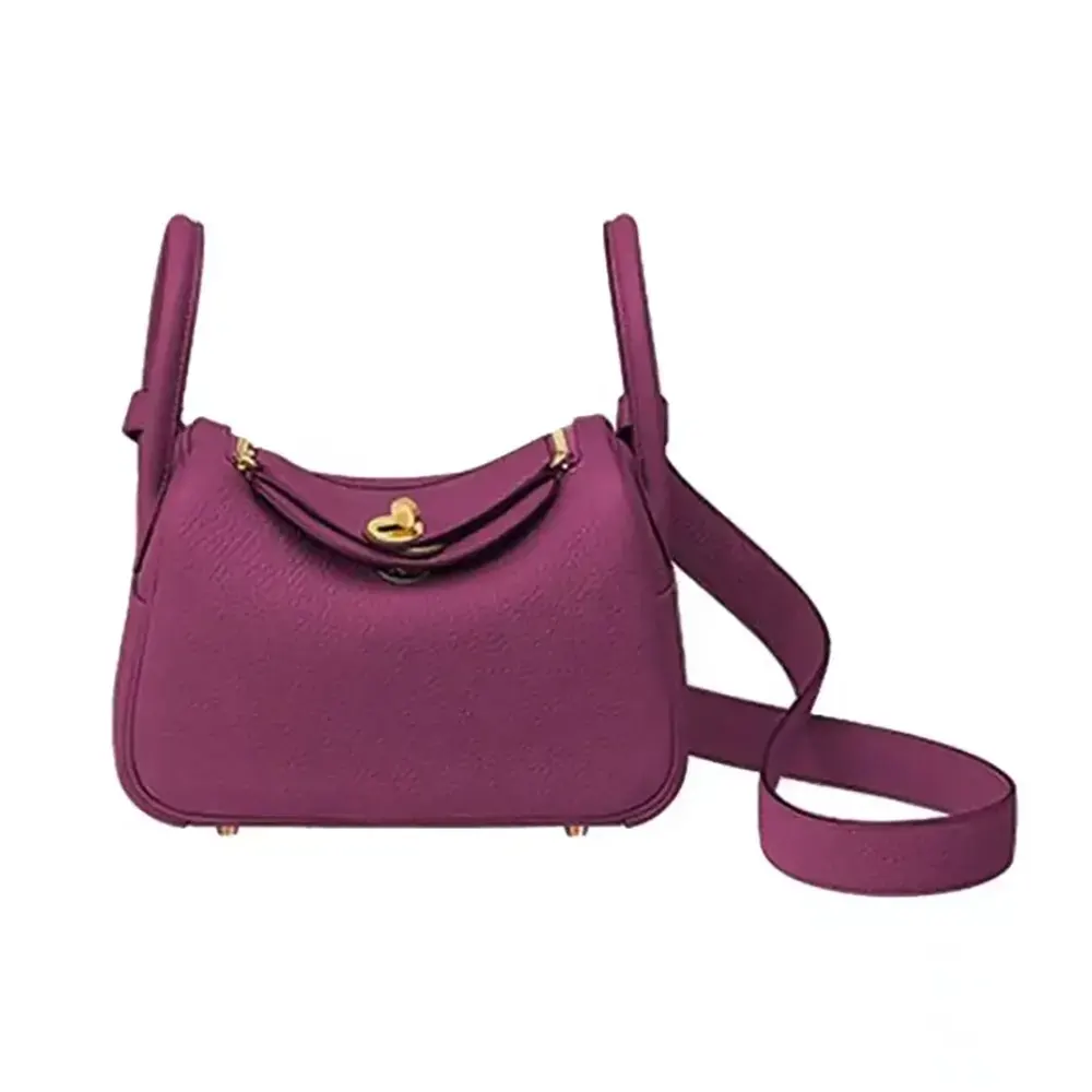 Front angle of Hermes Women Lindy Mini 19 in purple Clemence leather
