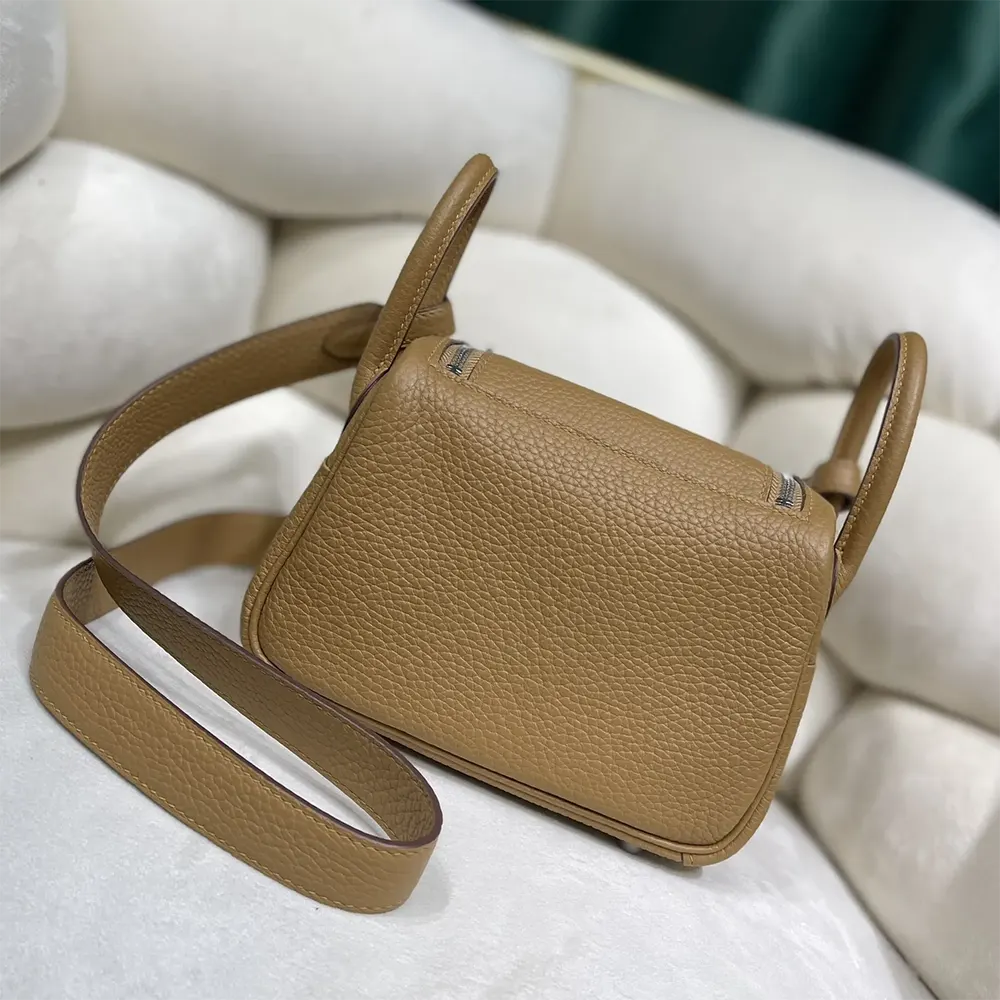 Side view showing curved silhouette of Hermes Women Lindy Mini 19 bag