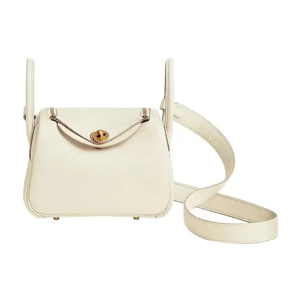 Front view of Hermes Women Lindy Mini 19 in White Clemence Leather