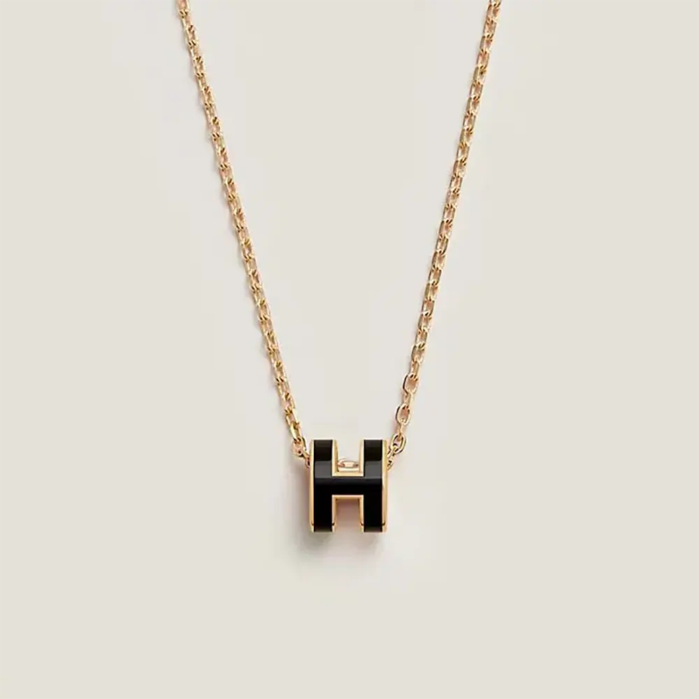Front view of Hermes Women Mini Pop H Pendant-Black H147992F 03 showing H clasp