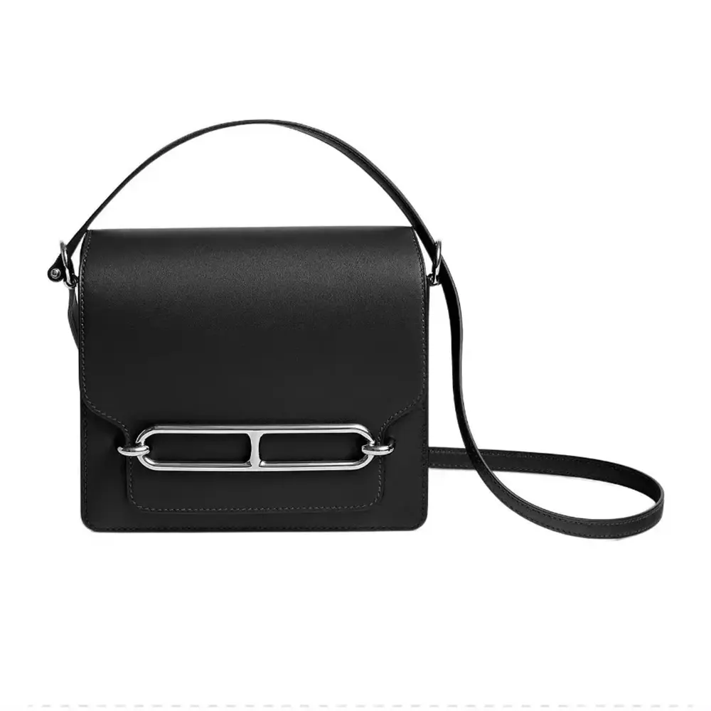 Front view of Hermes Women Roulis Mini Bag in black Evercolor calfskin