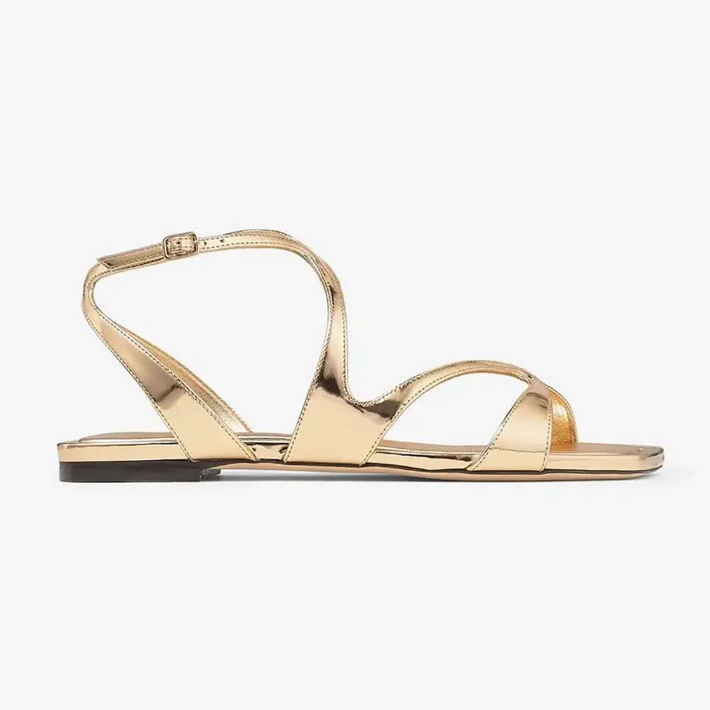 Side profile of Jimmy Choo Women Ayla Flat Gold Metallic Leather Flats