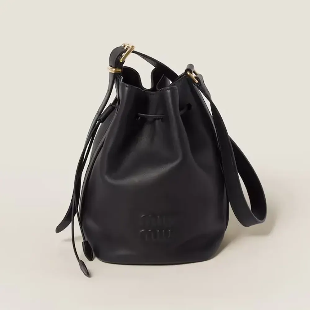 Front view of Miu Miu Women Leather Bucket Bag-Black showcasing silhouette