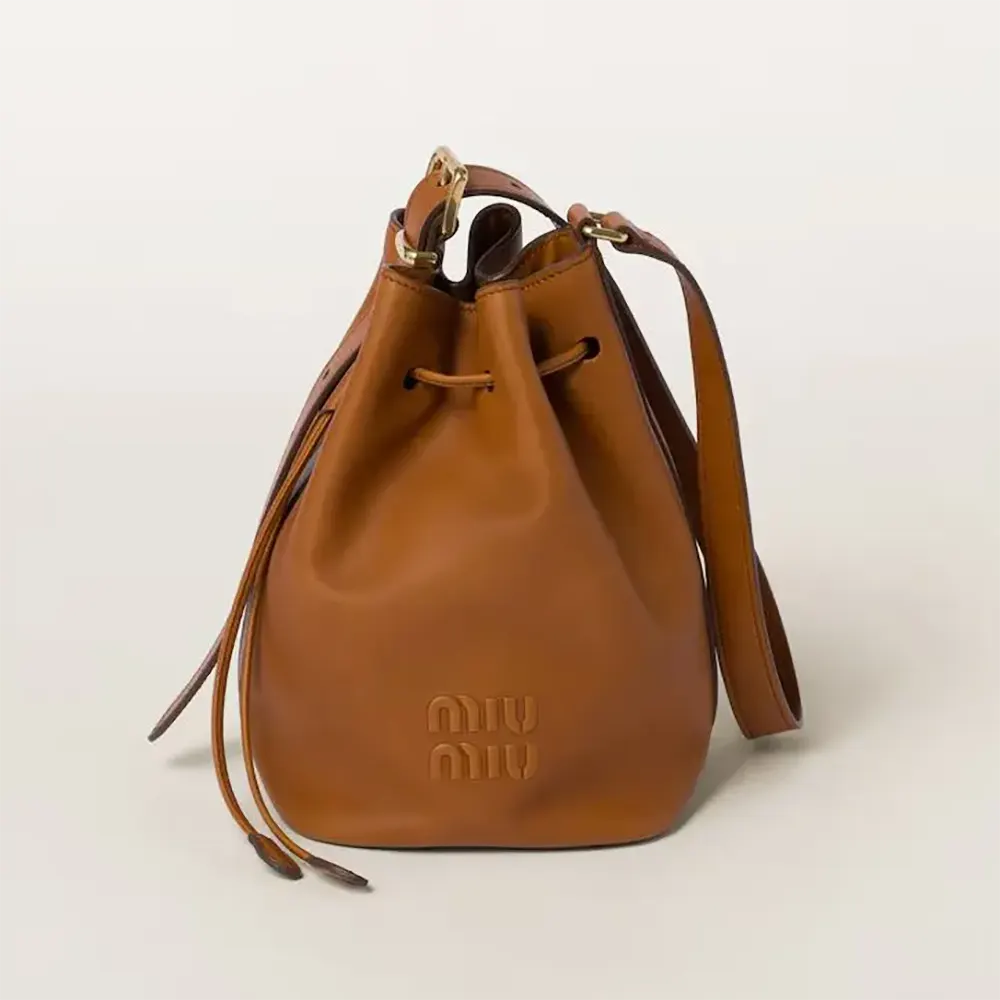 Front view of Miu Miu Women Leather Bucket Bag-Black with drawstring open