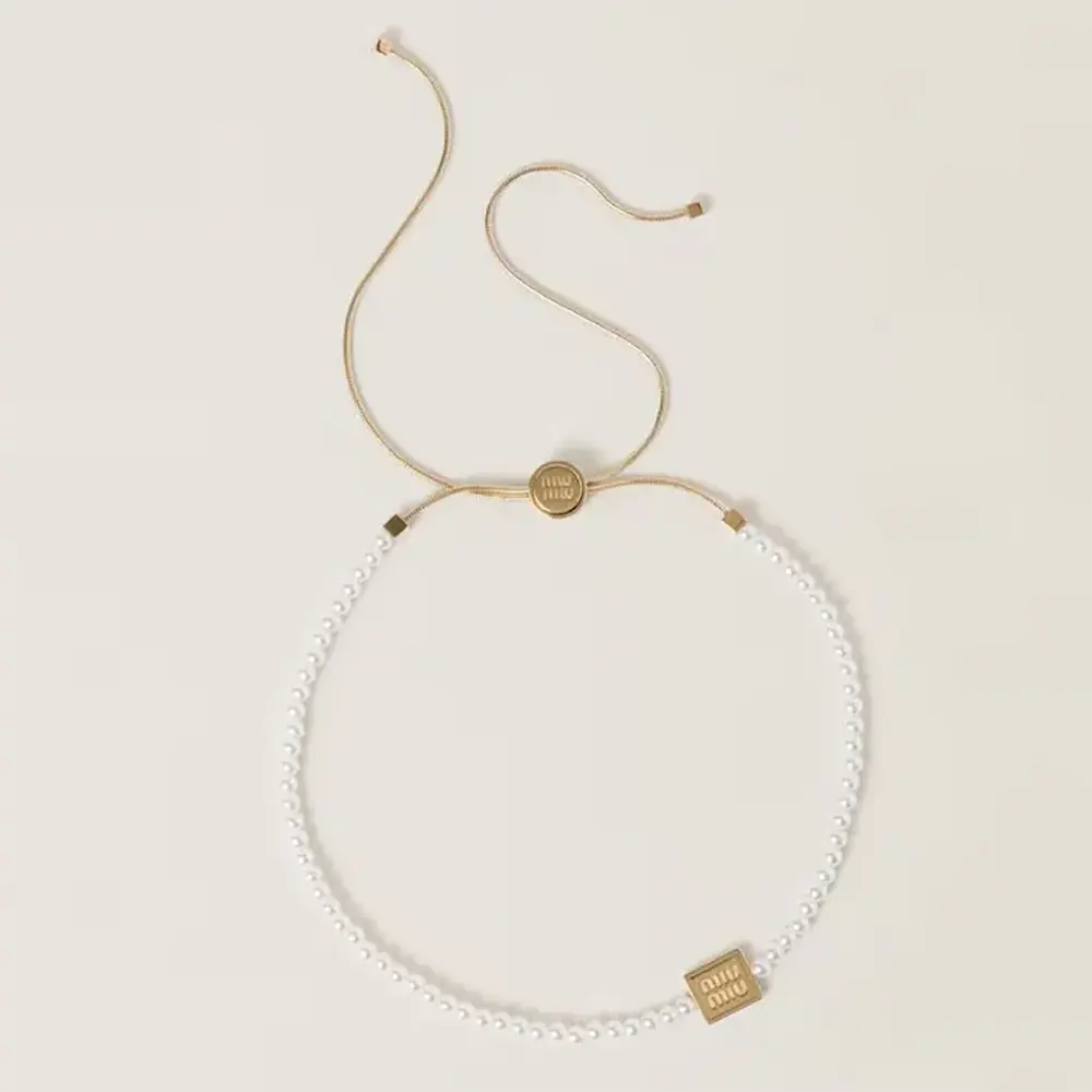 Front view of Miu Miu Women Metal Choker with Artificial Pearls in white metal
