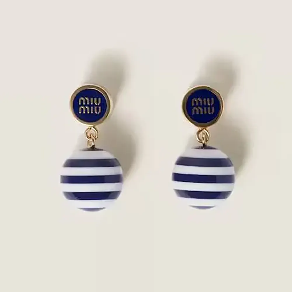 Close-up front view of Miu Miu Women Metal and Pearl Earrings in navy