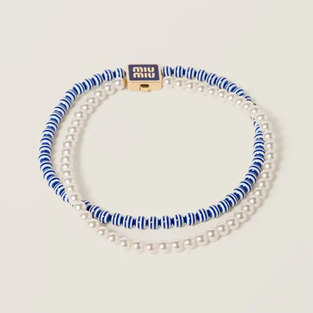 Front view of Miu Miu Women Metal and Synthetic Pearl Choker in blue