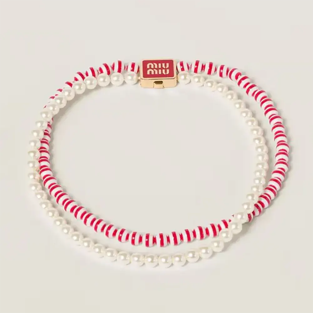 Front view of Miu Miu Women Metal and Synthetic Pearl Choker in pink