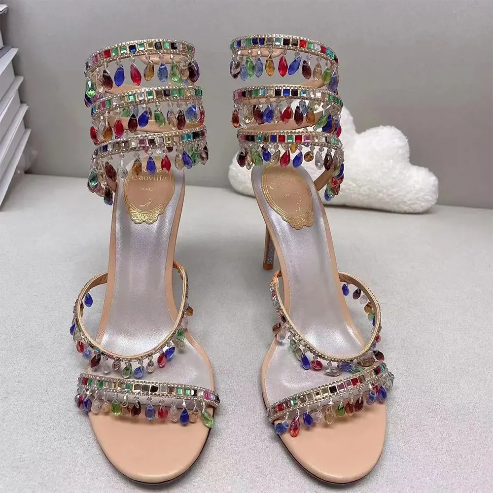 Front angle showing satin straps on Rene Caovilla Women Chandelier Crystal Sandy Sandal 105