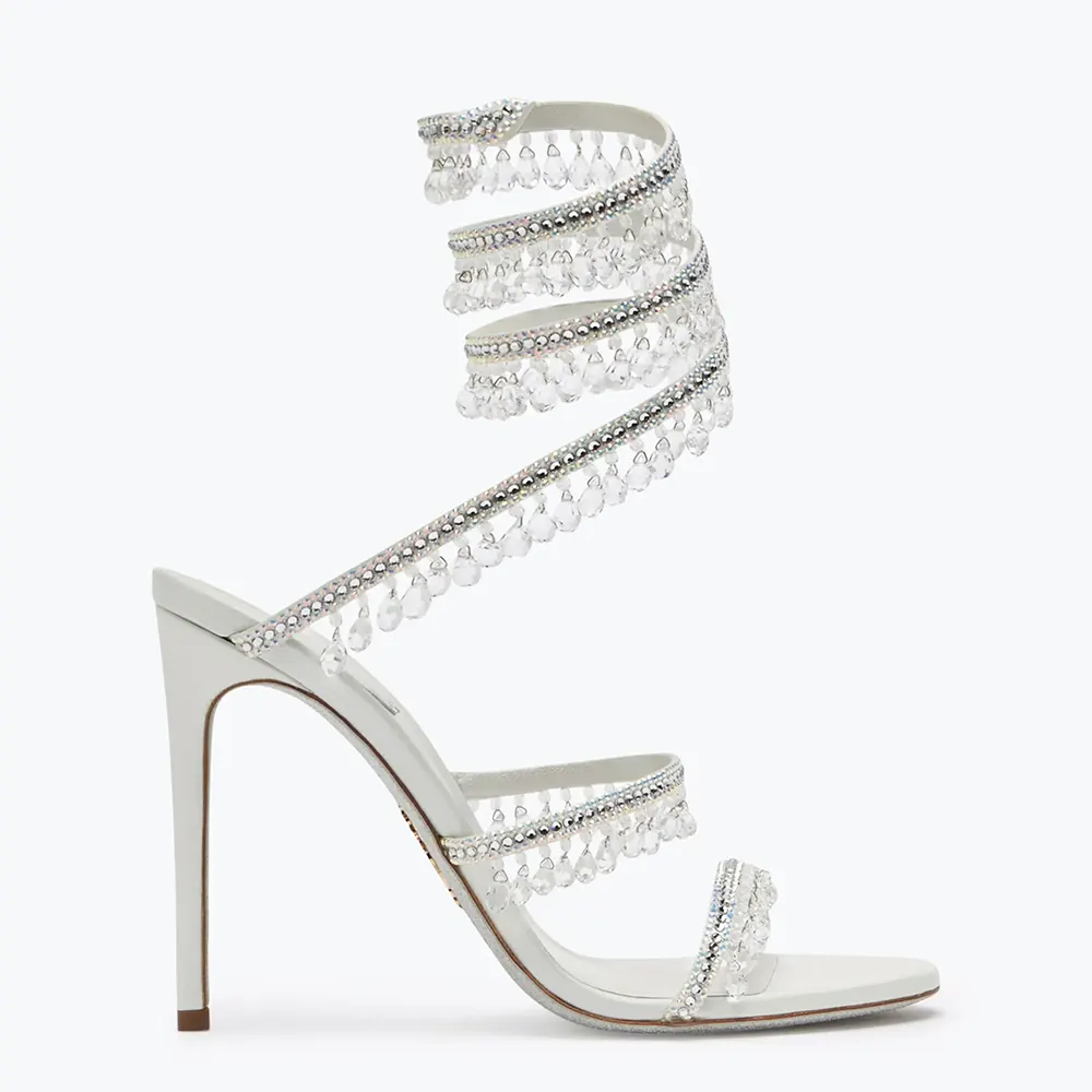 Side view of Rene Caovilla Women Chandelier Ivory Sandal 105 with crystal details
