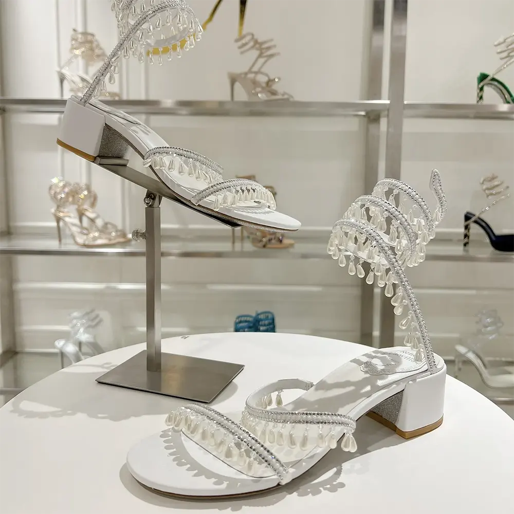 Close-up of chandelier crystal detail on Rene Caovilla Ivory Sandal