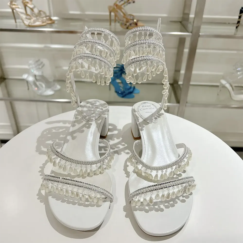 Back view showing heel and ankle strap of Rene Caovilla Ivory Sandal