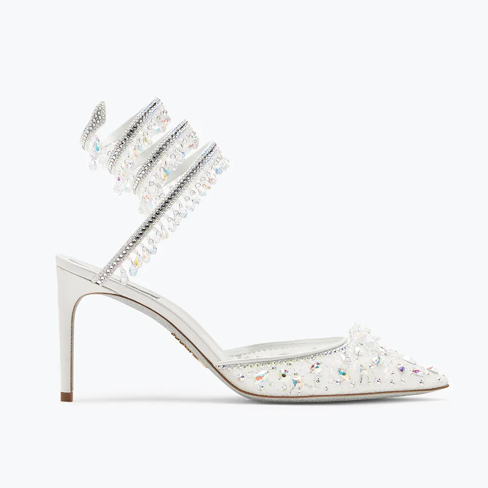 Side profile of Rene Caovilla Women Chandelier White Pump 80 showing heel height
