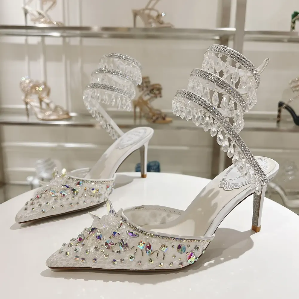 Top view of Rene Caovilla Women Chandelier White Pump 80 leather and buckle