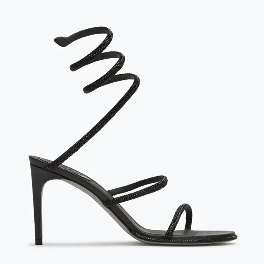 Side view of Rene Caovilla Women Cleo Black Sandal 80 showing heel height