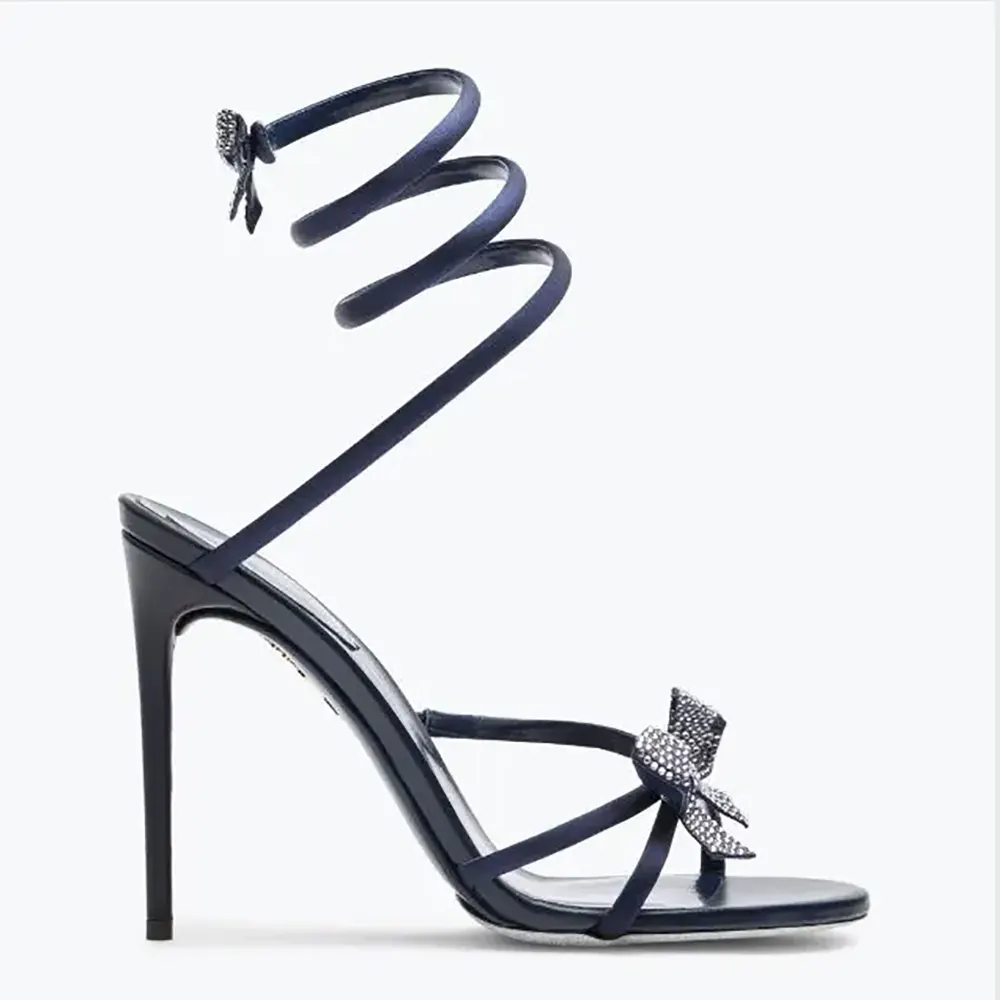 Side profile of Rene Caovilla Women Cleo Midnight Blue Sandal with Bows 105