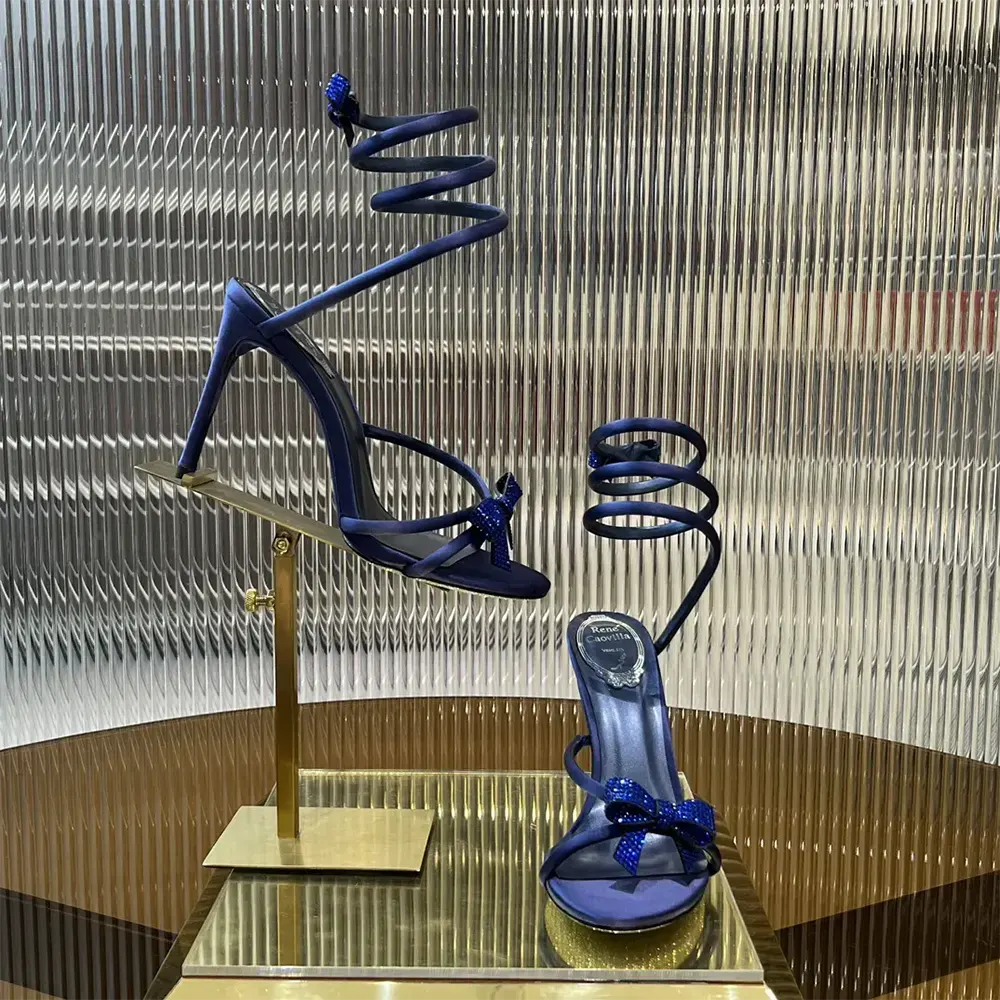 Rear view highlighting 105mm stiletto heel of Rene Caovilla Cleo sandal