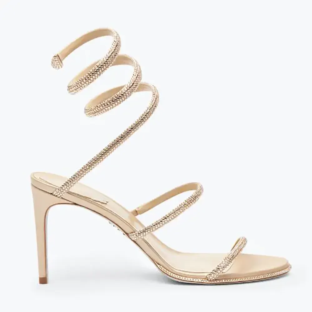 Side view of Rene Caovilla Women Cleo Neutral Sandal 80 showing heel