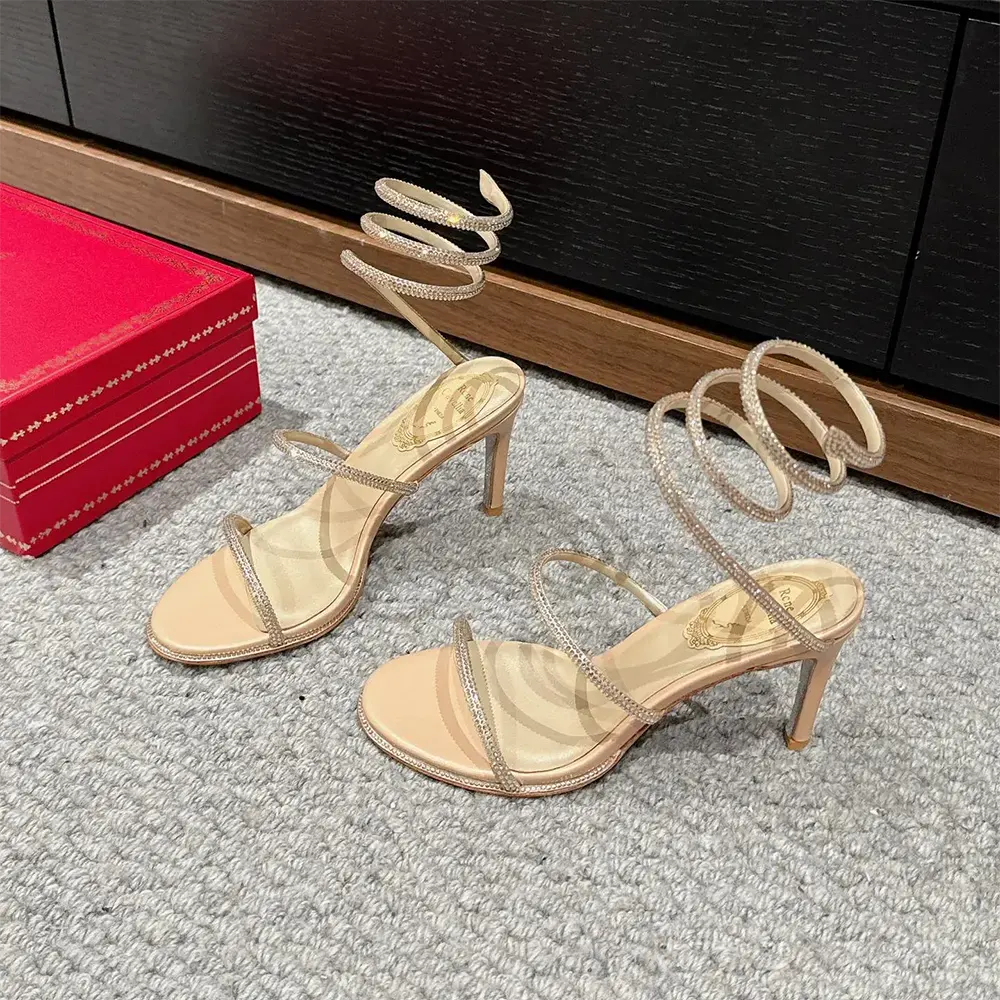 Top-down view of Rene Caovilla Women Cleo Neutral Sandal 80 in sandy leather