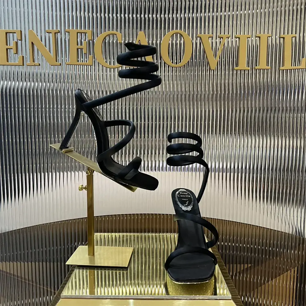Elegant rear view of Rene Caovilla Cleopatra Black Satin Sandal heel