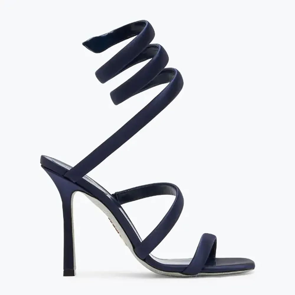 Side angle of Rene Caovilla Women Cleopatra Midnight Blue Satin Sandal 105