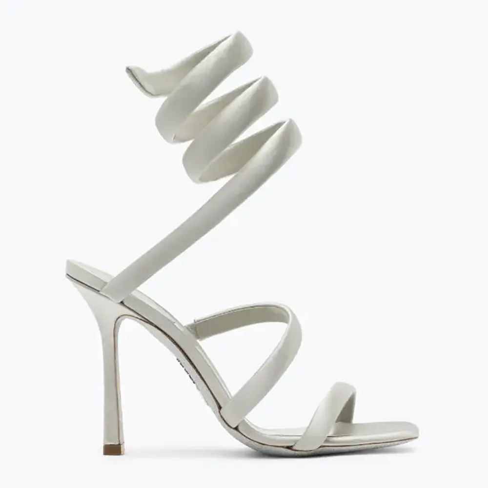 Side view of Rene Caovilla Women Cleopatra Silver Satin Sandal 105 showing heel