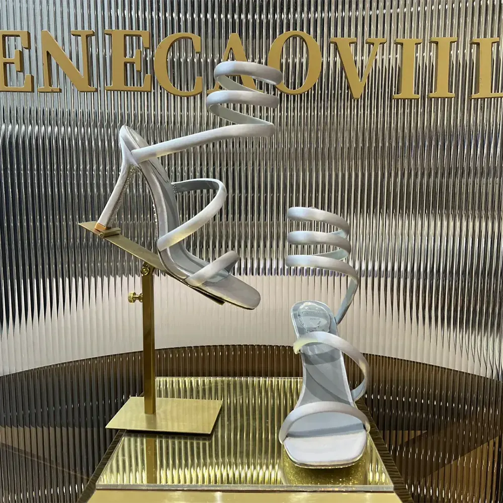 Top angle of Rene Caovilla Women Cleopatra Silver Satin Sandal 105 with ankle strap