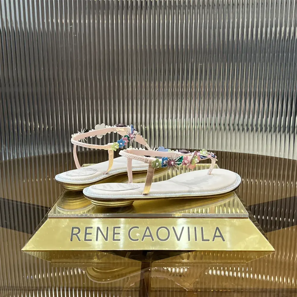 Top view of Rene Caovilla Women Eden Nude Thong Sandal 10 highlighting thong silhouette