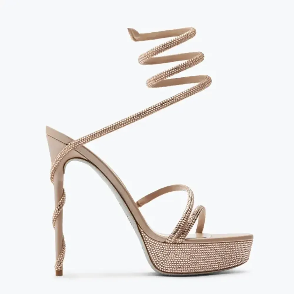 Side view of Rene Caovilla Women Margot Crystal Beige Platform Sandal 130