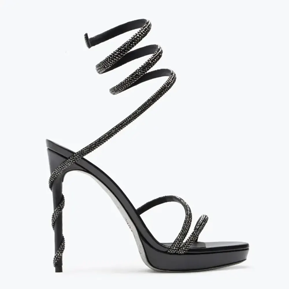 Front angle of Rene Caovilla Women Margot Crystal Black Platform Sandal 120
