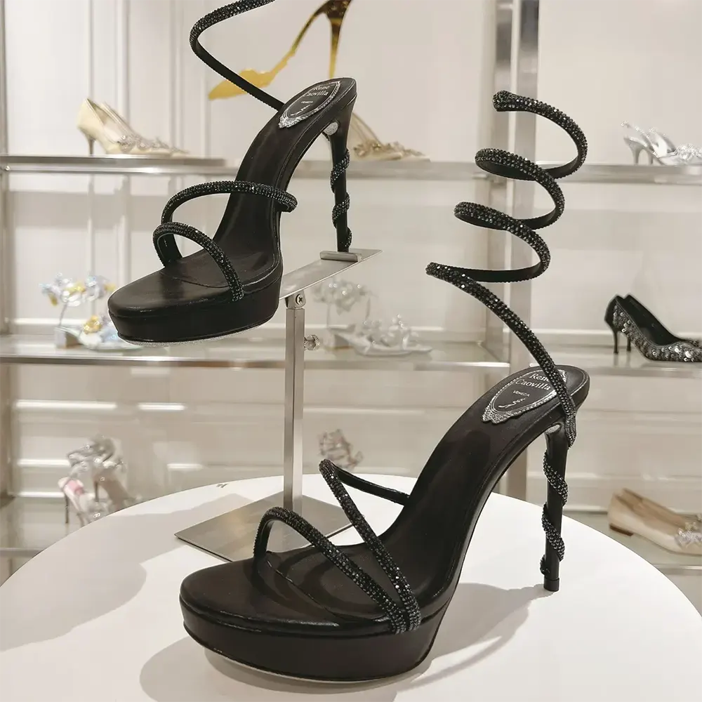 Side view showing 120mm heel of Rene Caovilla Margot Crystal Black Platform Sandal 120