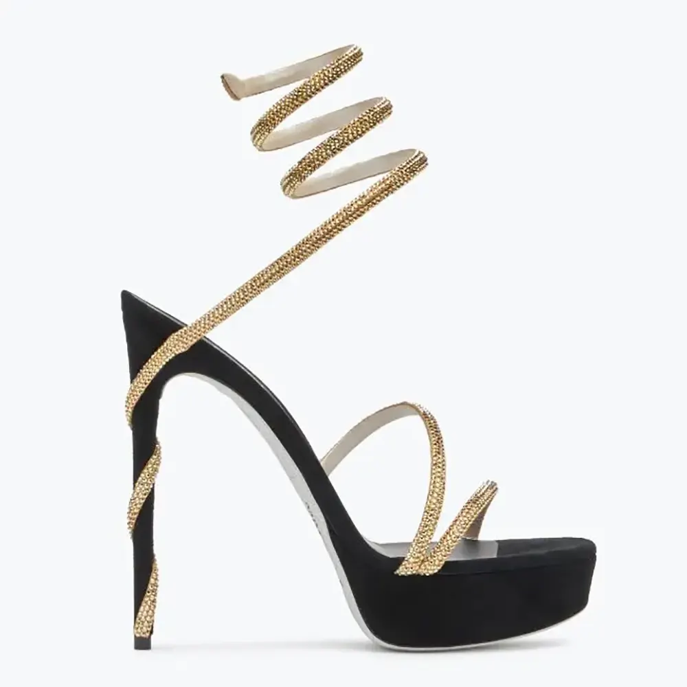 Side view of Rene Caovilla Women Margot Crystal Black-gold Platform Sandal 130