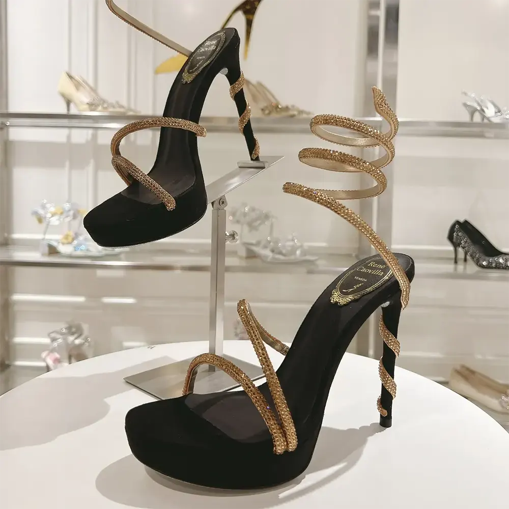 Rene Caovilla Women Margot Crystal Black-gold Platform Sandal 130 - image 6