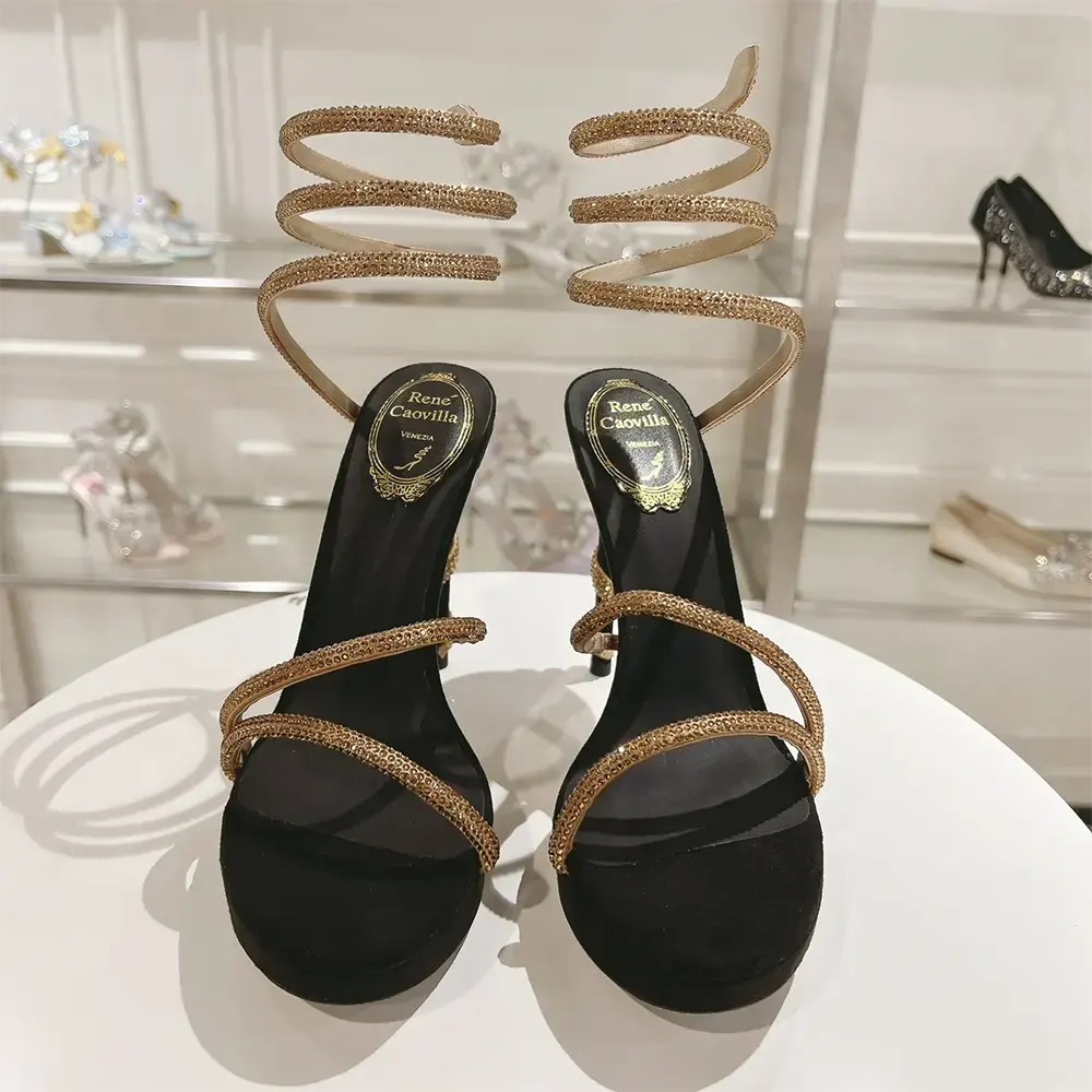 Close-up of crystal embellishments on Rene Caovilla Margot sandal straps