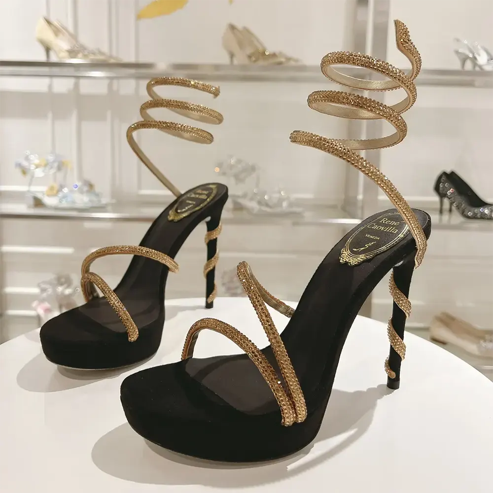 Rene Caovilla Women Margot Crystal Black-gold Platform Sandal 130 - image 9