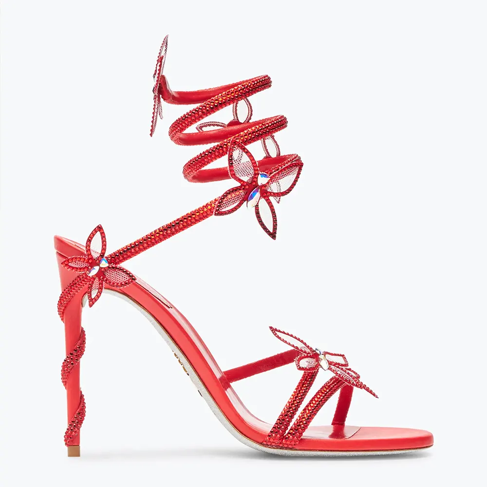 Side profile of Rene Caovilla Women Margot Red Powder Butterfly Sandal 105