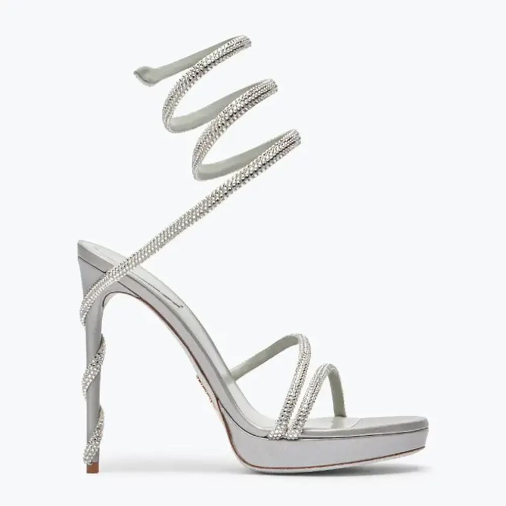 Side view of Rene Caovilla Women Margot Silver Platform Sandal 120 showcasing heel