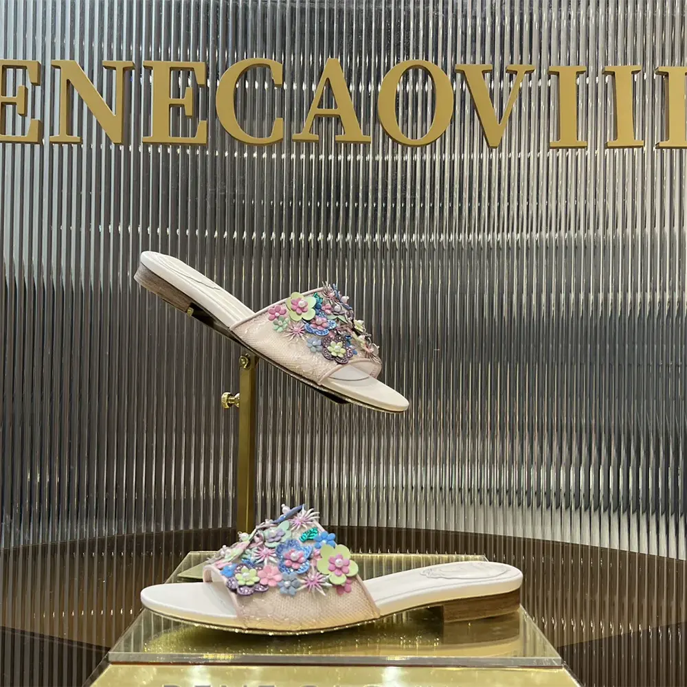 Top view showing open-toe design of Rene Caovilla Women Roxanne Nude Slider Sandal 10